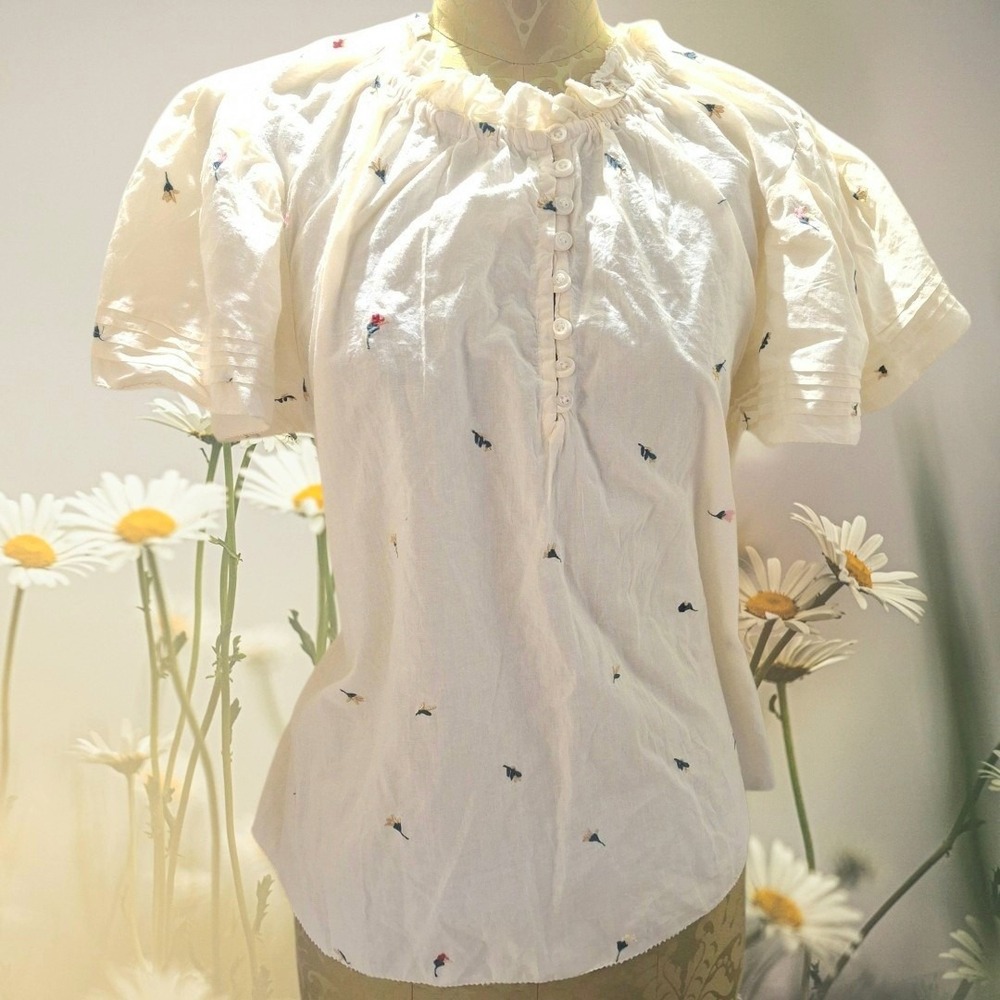 INDUSTRY NWT Flutter Sleeve Chime Top In Cream Large Cotton Blouse Embroidered